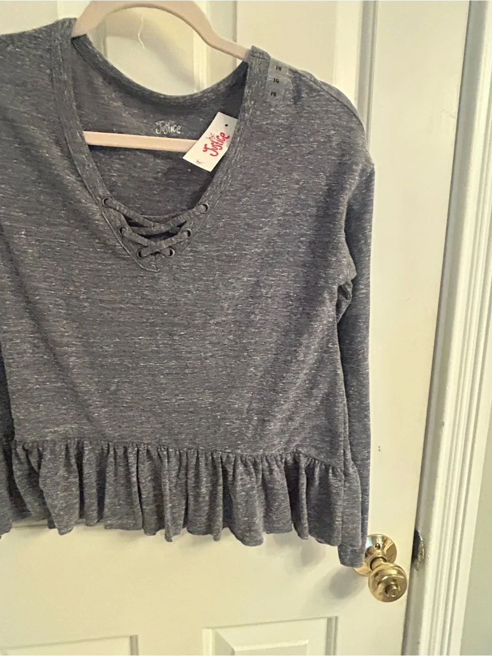 NWT-Justice Bluish/Gray Lace-Up Ruffle Hem Long Sleeve Top
